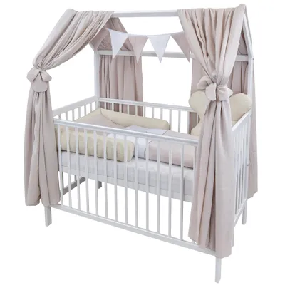 Produktbild von Baby-Delux Hausbett Himmel Musselin Betthimmel 2-er Set für Hausbett Kinderbett Baumwolle 160x300 cm Beige
