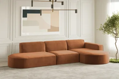 Productafbeelding van Designbank PALMA, hoekbank, stof Noel, kleirode kleur, met hocker aan de rechterkant