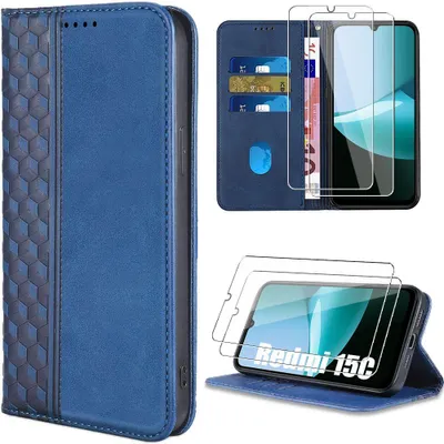Image de Coque + 2 Verres Trempés pour Xiaomi Redmi 15C 4G/5G - Protection Cuir Synthétique Bleu Marine