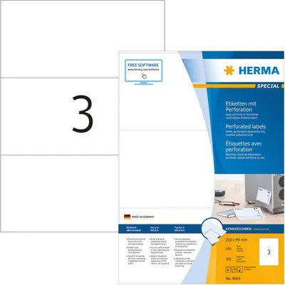 Produktbild von Etiketten A4 weiß 210x99 mm perforiert Papier matt 300 St.