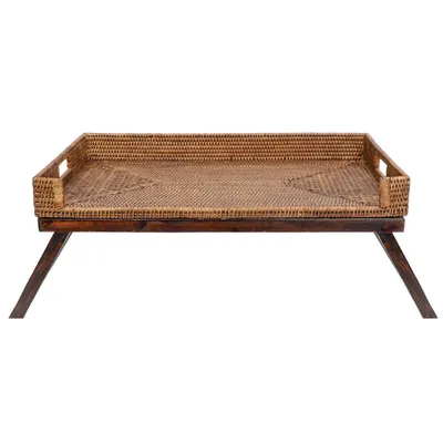 Image de Plateau de lit en rotin avec pieds en bois pliables, dimensions 65 x 40 cm – Plateau pour le petit-déjeuner, table d'ordinateur portable et plateau de service – Couleur marron antique