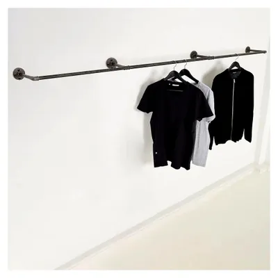Produktbild von Wandmontierte Kleiderstange in Schwarz, Größen 250x12, Garderobe im Industrial-Stil, handgefertigt, Jackenhalter aus Metall, Germany, Teleskop U-Form