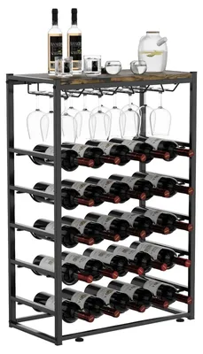 Zdjęcie produktu dla Stojak na wino - 25 butelek - 12 kieliszków - Metal/Czarny - Drewno - 59 x 30 x 89 cm