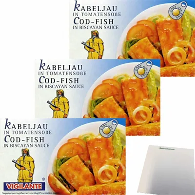 Produktbild von Vigilante Kabeljau in Tomatensauce (3x115g Dose) + usy Block