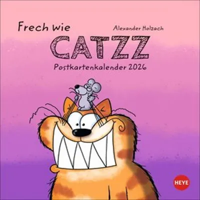 A cartoon illustration of a cat and a mouse on a pink and purple gradient background, with text indicating it is a postcard calendar for 2026.