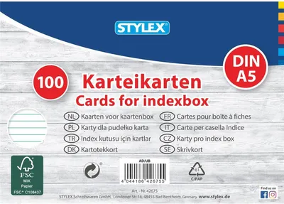 Produktbild von Stylex Karteikarten - DIN A5 - liniert - 100Stück
