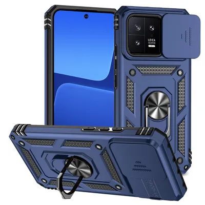 Immagine prodotto di Custodia per Xiaomi 13 a doppio strato con copertura scorrevole della fotocamera e supporto ad anello blu