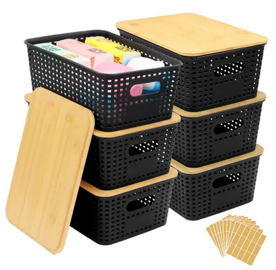 Produktbild von 6er-Set Aufbewahrungsboxen mit Bambusdeckeln, stapelbare Kunststoffboxen für Küche, Schlafzimmer, Badezimmer, Wohnzimmer, 25,6 x 18 x 10,7 cm, 5 l (Schwarz)