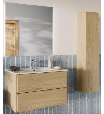 Image de Ensemble Complet Meuble Vasque 80 cm + Vasque + Miroir LED + Colonne - L 80 x P 46 x 51,5 cm - Caldera Clair