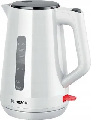 A white Bosch electric kettle is shown against a white background.