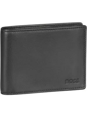 A black leather BOSS wallet is shown against a white background.