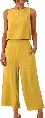 Produktbild von ASKSA Damen 2 Teiler Sommer Ärmellos Knöpfe Tank Top Weitem Hose Bein Einfarbig Zweiteiler Outfit mit Taschen, Gelb, XXL