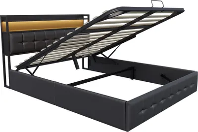 Produktbild von Fortuna Lai Polsterbett 140x200cm mit USB und Steckdosen, Jugendbett Doppelbett mit Lattenrost und Stauraum, Stauraumbett mit LED, Kunstleder, Schwarz