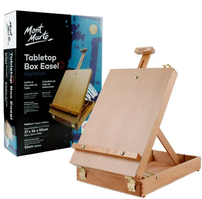 Produktbild von Mont Marte Kofferstaffelei aus Buchenholz 36 x 27 x 9,5 cm- Für Leinwände bis 52cm- Tischstaffelei mit Stauraum für Pinsel, Farben & & anderes Zubehör