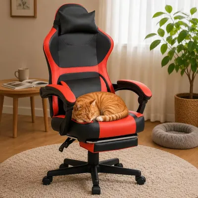 Image de Fauteuil de gaming, repose-pieds, double support lombaire, idéal pour le télétravail et la détente - Noir et rouge