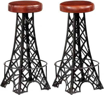 Produktbild von Barhocker 2er Set Echtleder Hochstuhl mit Eiffelturm-Design, Höhenverstellbar und Drehbar, Polsterfußstütze, Rücken- und Armlehne, Küchenbar, Tresen, Gastronomie, Wohnzimmer