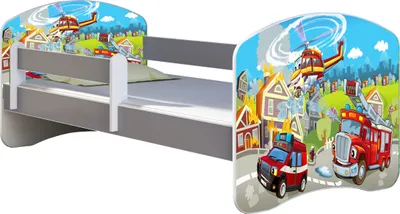 A children's bed with a fire truck and helicopter theme.