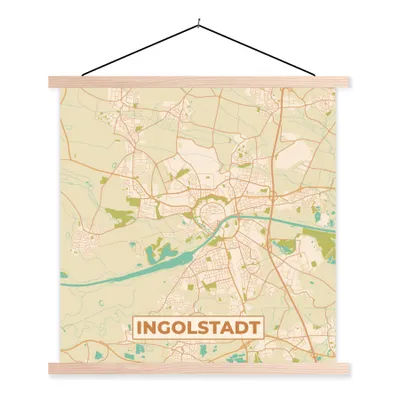 Produktbild von MuchoWow® Textilposter Karte - Ingolstadt - Karte - Stadtplan - Vintage 40x40 cm mit holzfarbenen Rahmen - Posterleiste