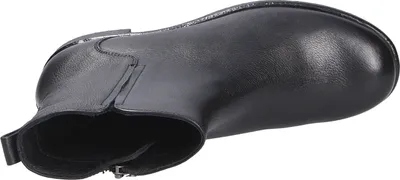 A top-down view of a black leather boot.