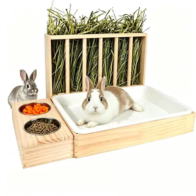 3-in-1 Kaninchen-Toilette mit Heustation, 2 Näpfen, groß