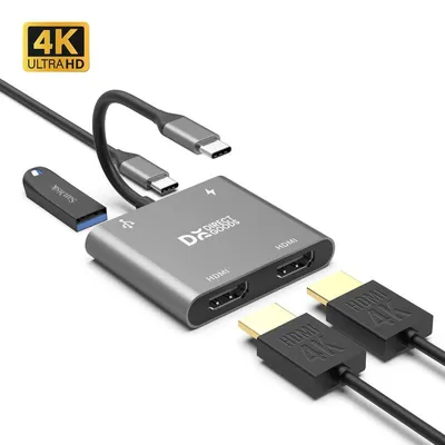 Produktbild von DirectGoods® 4-in-1 USB-C Hub – Dual HDMI Adapter 4K@60Hz – USB 3.0 – Laptop Dock – Plug & Play – Spacegrey