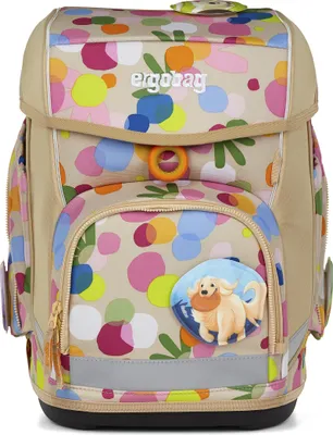 A children's backpack with a colorful polka dot pattern and a dog graphic.