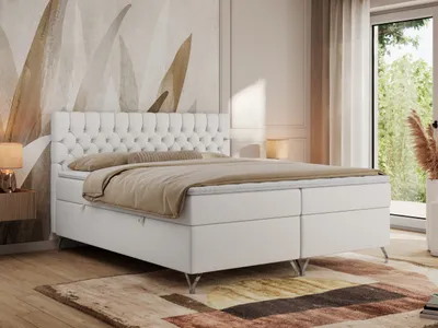Produktbild von MKS MEBLE Boxspringbett 160x200, Bett 160x200 mit Matratze H3, Boxspringbett 160x200 mit Bettkasten und Topper, Polsterbett 160x200 Füße - GRIMALDI - 160x200 - Weiß Kunstleder - H3