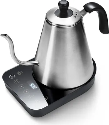 A stainless steel gooseneck electric kettle on its charging base.