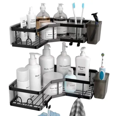 Produktbild von 2 Stück Duschablage Ohne Bohren Schwarz Eckregal, Duschregal Schwarz Ecke Badezimmer Organizer mit 4 Haken, Shower Shelf Dusche Zubehör