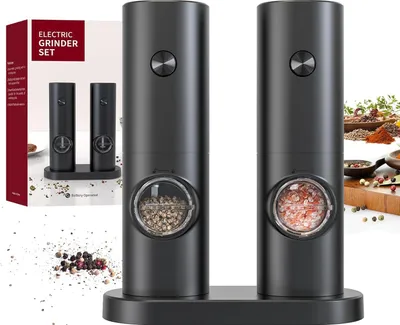 Produktbild von 2er Set Elektrische Salz und Pfeffermühlen Batteriebetriebenen Gewürzmühle mit Basis,LED-Licht und Einstellbarer Grobheit, Schwarz