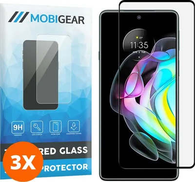 Produktbild von Mobigear Premium 9.98 Motorola Edge 20 Panzerglas Gehärtetes Glas Displayschutz - Hüllenfreundlich - Schwarz (3er Pack)