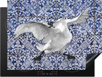 Produktbild von KitchenYeah© Herdabdeckplatte Schwan - Kunst - Delfter Blau - Malerei - Alte Meister , 71x52cm, Küche Deko, Glaskeramikkochfeld Herdabdeckung, Abdeckplatte fùr Kochfeld