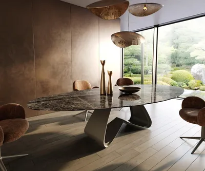 Produktbild von DELIFE Esstisch Edge Oval 315x150 cm Keramik Emperador Extra Lucidato Dunkelbraun W-Gestell Metall Effektfinish Titan