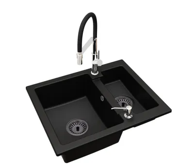 Produktbild von Granit-Küchenspüle YOGI 1,5 Becken mit Küchenarmatur, Seifenspender und Siphon