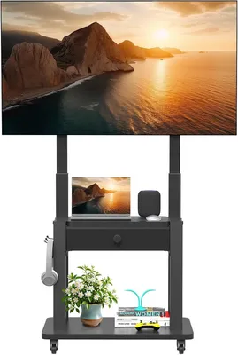 Immagine prodotto di Carrello mobile per TV - Mobiletto con cassetto rivestito in tessuto, adatto per TV a schermo piatto o curvo, da 32 a 75 pollici, con capacità di carico fino a 100 kg - Regolabile in altezza - Carrello TV mobile
