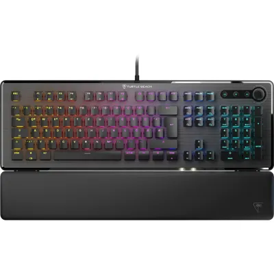 A black gaming keyboard with RGB lighting and a wrist rest.