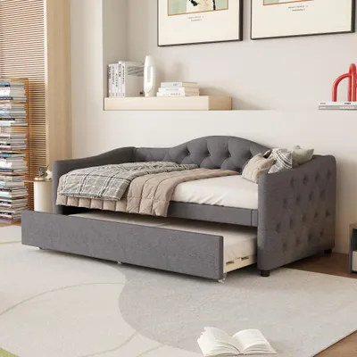 Produktbild von Daybett Tagesbett Schlafsofa Einzelbett Leinen minimalistisches Design ohne Matratze mit ausziehbarem Bett,  90x200 cm, Grau