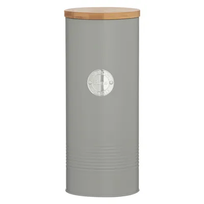 A grey pasta storage canister with a bamboo lid.