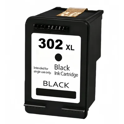A black ink cartridge with a white label.
