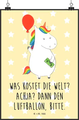 Produktbild von Mr. & Mrs. Panda Bild Einhorn Luftballon DIN A2 - Gelb Pastell - Geschenk, Lebenslust, Kunstdruck, Unicorn, Freundin, drucke, Geld, wanddeko, Einhörner, Posterdruck