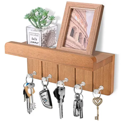 Productafbeelding van Sleutelbord met opbergruimte en 5 sleutelhaken, decoratieve wandplank voor de hal, gang, keuken of slaapkamer (bruin)