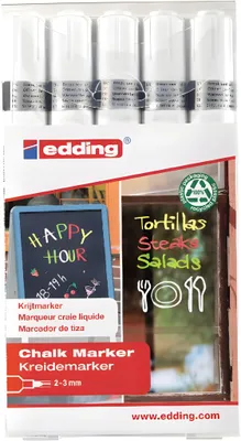 Produktbild von edding 4095 - Kreide-Marker - weiß - Rundspitze 2-3 mm - 5er Set - Kreidestift (feucht abwischbar) für Tafel, Fenster, Glas, Spiegel, Whiteboard. Schreiben, Zeichnen, Handlettering