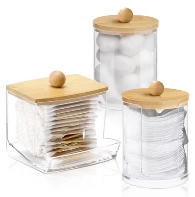 Image de 3 porte-coton-tiges en acrylique, boîtes de rangement pour coton-tiges avec couvercles en bambou, porte-coton-tiges transparents, distributeurs de coton-tiges pour le salon, la chambre à coucher et la salle de bains (transparents)