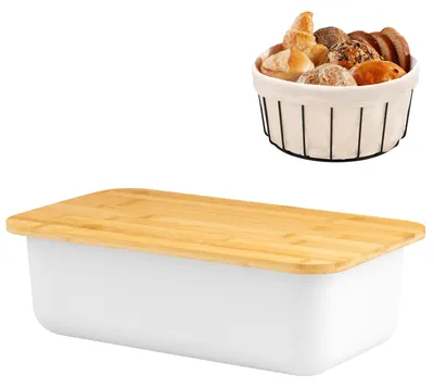 Productafbeelding van Bremermann brooddoosset in wit met bamboe deksel, snijplank en broodmand.