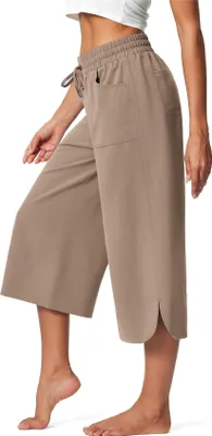 Obrázek produktu pro ASKSA Dámské 3/4 kalhoty Capri kalhoty s širokou nohavicí Letní kalhoty Jogging kalhoty Pohodlné palazzo Elegantní ležérní kalhoty Volné tepláky na jógu s kapsami (Khaki,XL)