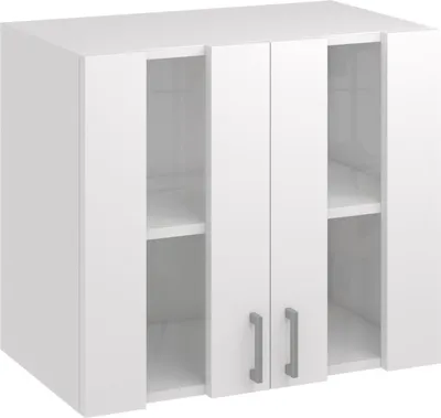 A white kitchen wall cabinet with two doors and visible shelves inside.
