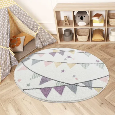 Produktbild von Kinderteppich Creme Lila - 160 cm Rund - Wimpel-Motiv - Kinderzimmerteppiche Mädchen - Babyzimmer