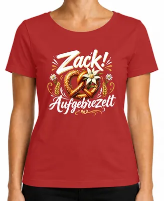 Zdjęcie produktu dla Zack! Koszulka z motywem bawarskim, brezel,  , tradycyjny strój bawarski, spodnie skórzane damskie, koszulka, czerwona, rozmiar 3XL