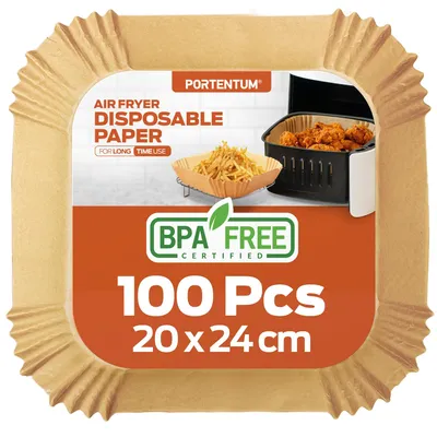 Image de Papier sulfurisé PORTENTUM pour friteuse à air, 100 pièces, sans BPA, dimensions 20 x 20 cm, compatible avec les friteuses à air