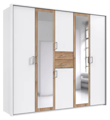 Productafbeelding van Schuifdeurkledingkast, 228 cm hoog, met passe-partout, lades en spiegel, wit en eikenhoutdecor / 22599